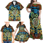 Baby in the Womb Family Matching Off Shoulder Maxi Dress and Hawaiian Shirt Aboriginal Art Style