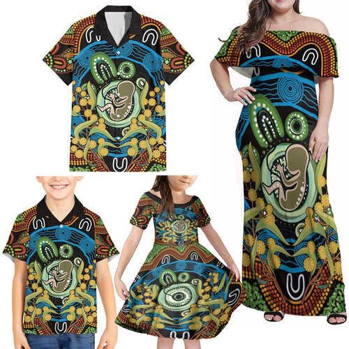 Baby in the Womb Family Matching Off Shoulder Maxi Dress and Hawaiian Shirt Aboriginal Art Style