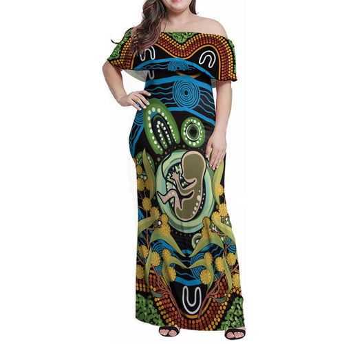 Baby in the Womb Family Matching Off Shoulder Maxi Dress and Hawaiian Shirt Aboriginal Art Style
