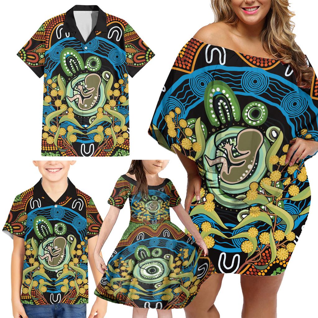 Baby in the Womb Family Matching Off Shoulder Short Dress and Hawaiian Shirt Aboriginal Art Style