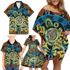 Baby in the Womb Family Matching Off Shoulder Short Dress and Hawaiian Shirt Aboriginal Art Style