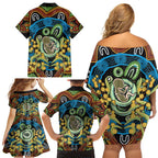 Baby in the Womb Family Matching Off Shoulder Short Dress and Hawaiian Shirt Aboriginal Art Style
