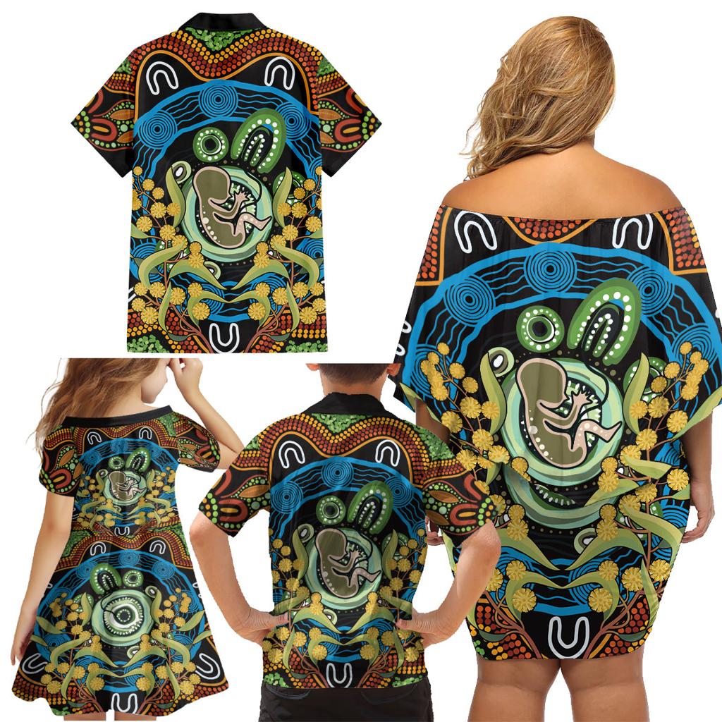 Baby in the Womb Family Matching Off Shoulder Short Dress and Hawaiian Shirt Aboriginal Art Style