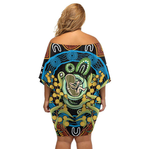 Baby in the Womb Family Matching Off Shoulder Short Dress and Hawaiian Shirt Aboriginal Art Style
