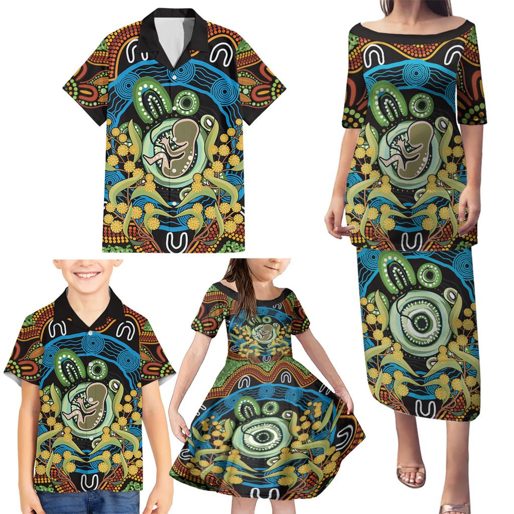 Baby in the Womb Family Matching Puletasi and Hawaiian Shirt Aboriginal Art Style