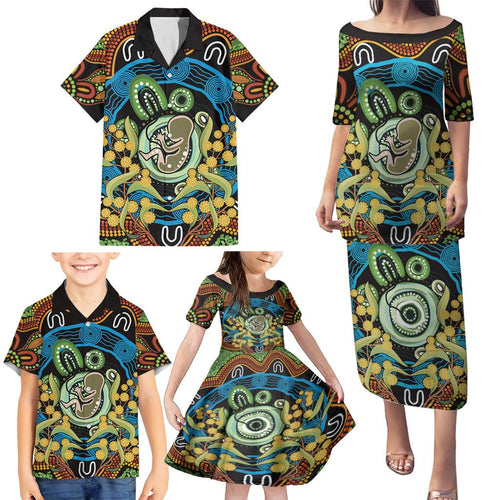 Baby in the Womb Family Matching Puletasi and Hawaiian Shirt Aboriginal Art Style