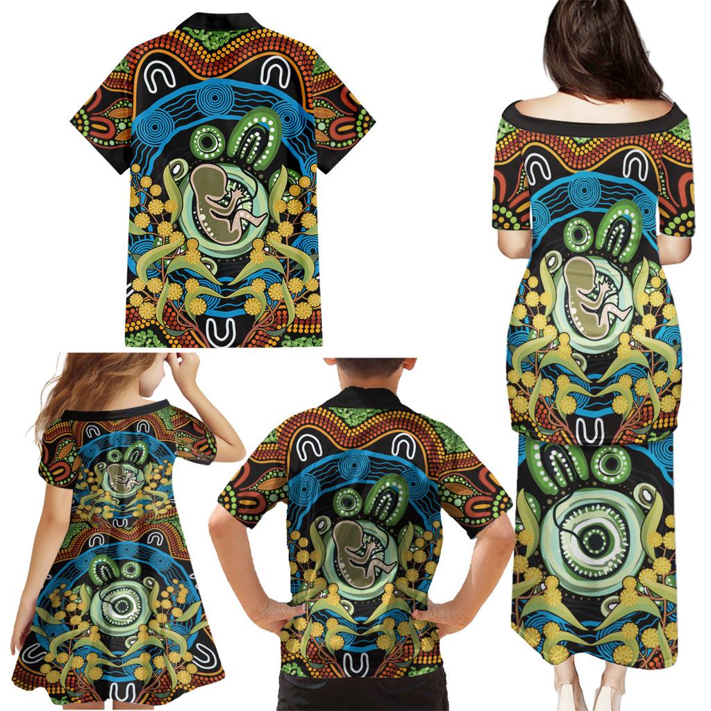 Baby in the Womb Family Matching Puletasi and Hawaiian Shirt Aboriginal Art Style
