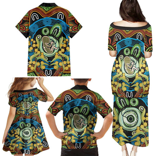 Baby in the Womb Family Matching Puletasi and Hawaiian Shirt Aboriginal Art Style