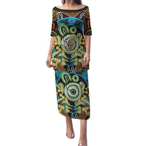 Baby in the Womb Family Matching Puletasi and Hawaiian Shirt Aboriginal Art Style