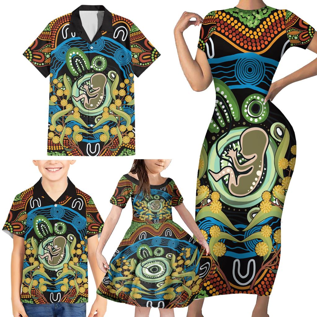 Baby in the Womb Family Matching Short Sleeve Bodycon Dress and Hawaiian Shirt Aboriginal Art Style