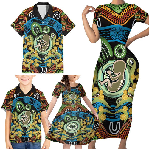 Baby in the Womb Family Matching Short Sleeve Bodycon Dress and Hawaiian Shirt Aboriginal Art Style