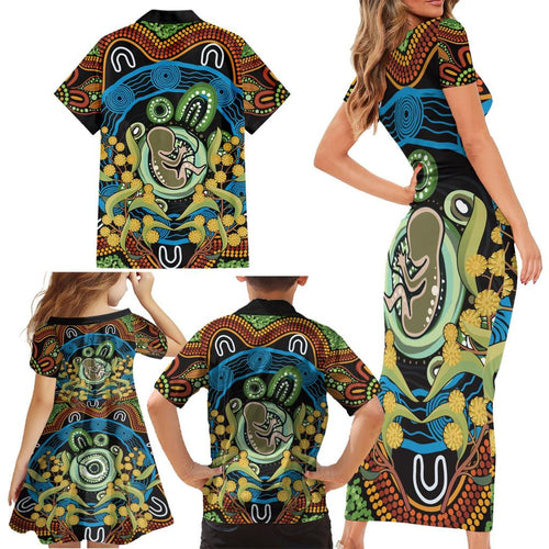 Baby in the Womb Family Matching Short Sleeve Bodycon Dress and Hawaiian Shirt Aboriginal Art Style