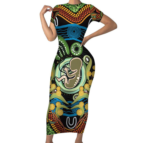 Baby in the Womb Family Matching Short Sleeve Bodycon Dress and Hawaiian Shirt Aboriginal Art Style