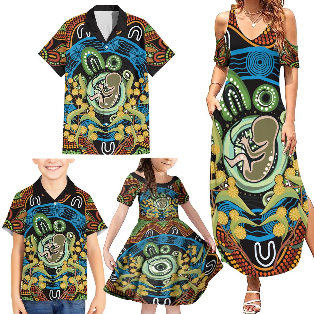 Baby in the Womb Family Matching Summer Maxi Dress and Hawaiian Shirt Aboriginal Art Style