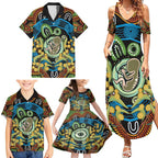 Baby in the Womb Family Matching Summer Maxi Dress and Hawaiian Shirt Aboriginal Art Style