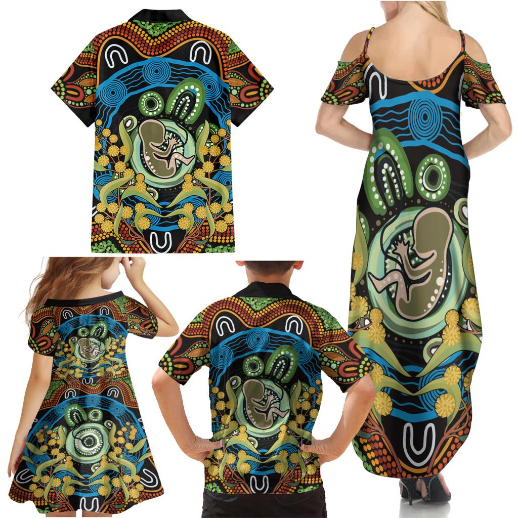 Baby in the Womb Family Matching Summer Maxi Dress and Hawaiian Shirt Aboriginal Art Style