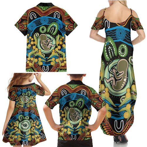 Baby in the Womb Family Matching Summer Maxi Dress and Hawaiian Shirt Aboriginal Art Style