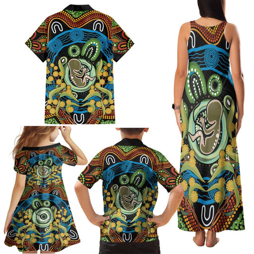 Baby in the Womb Family Matching Tank Maxi Dress and Hawaiian Shirt Aboriginal Art Style