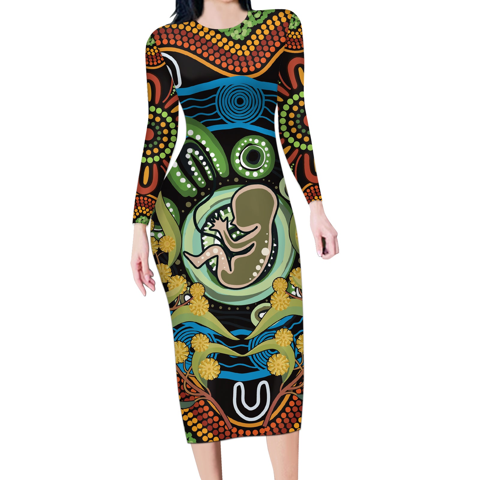 Baby in the Womb Long Sleeve Bodycon Dress Aboriginal Art Style