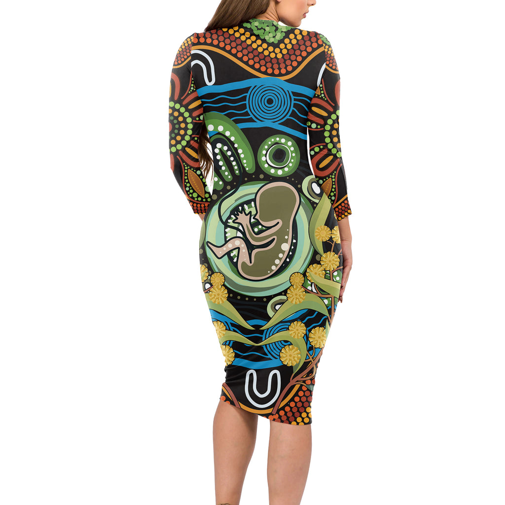 Baby in the Womb Long Sleeve Bodycon Dress Aboriginal Art Style