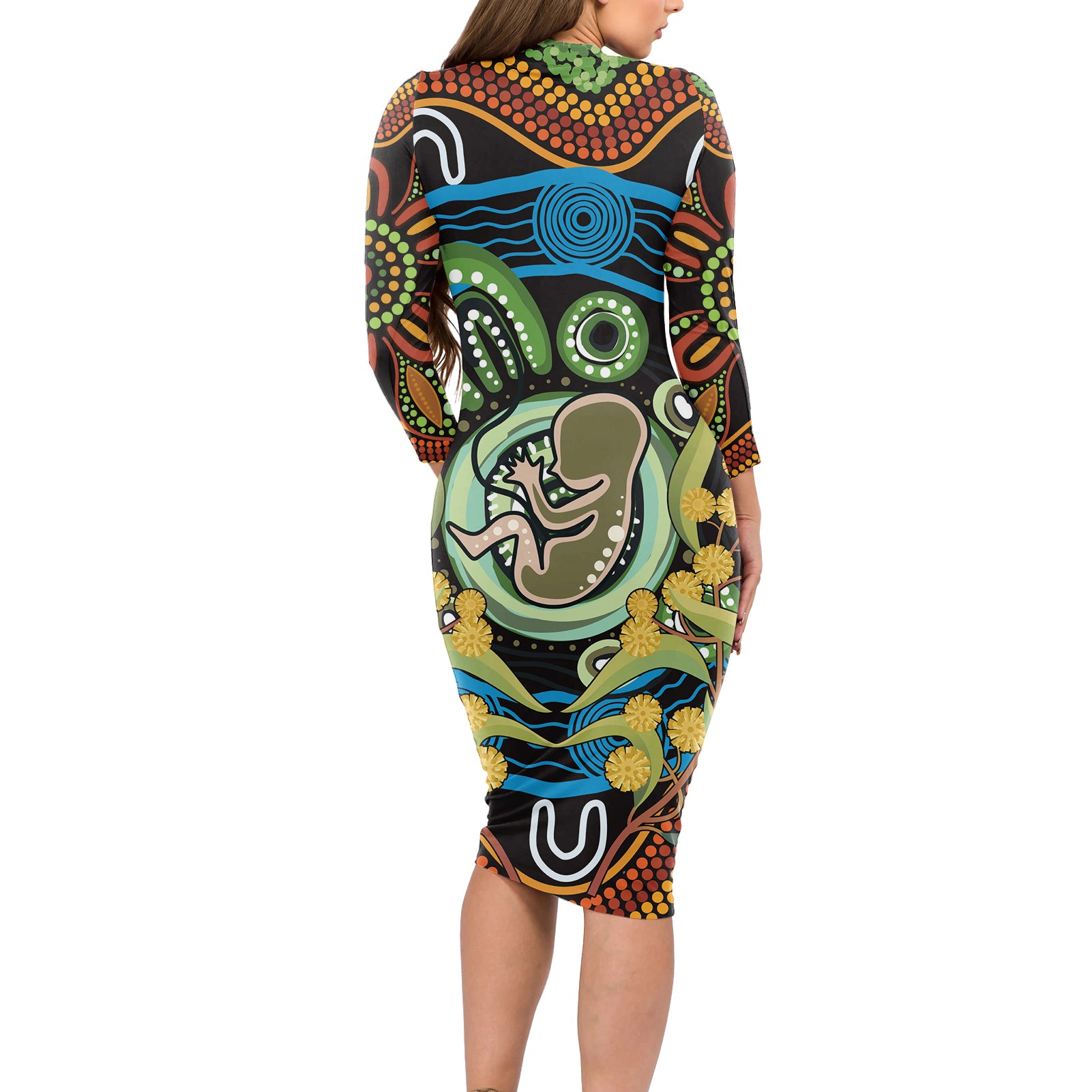 Baby in the Womb Long Sleeve Bodycon Dress Aboriginal Art Style