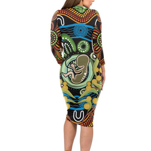 Baby in the Womb Long Sleeve Bodycon Dress Aboriginal Art Style