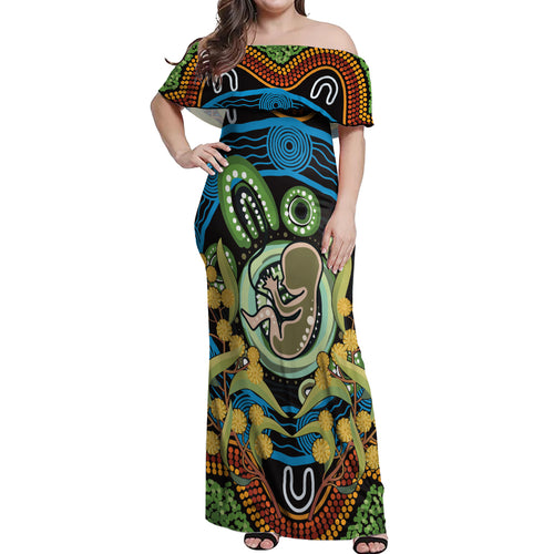 Baby in the Womb Off Shoulder Maxi Dress Aboriginal Art Style