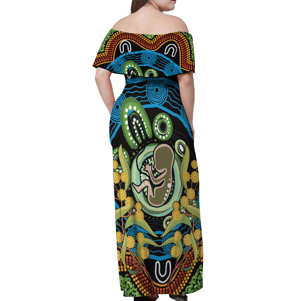 Baby in the Womb Off Shoulder Maxi Dress Aboriginal Art Style