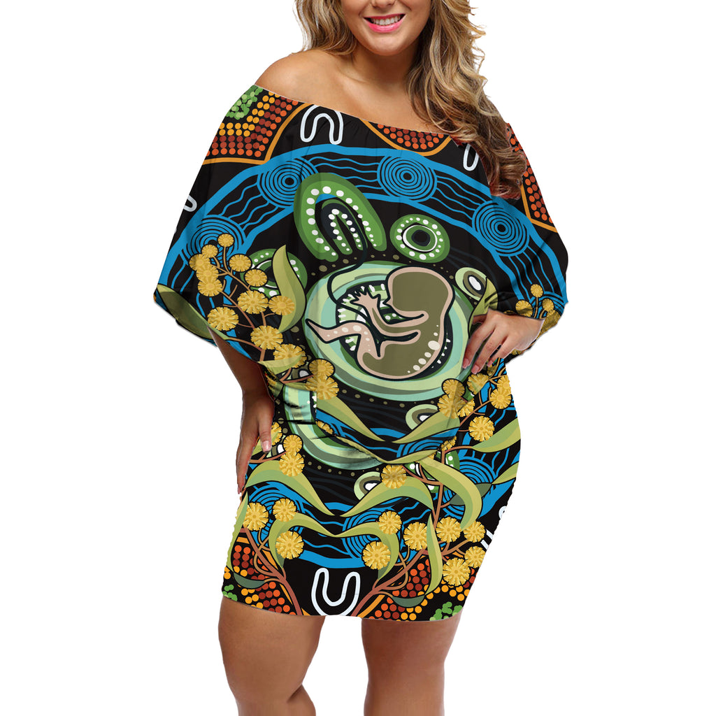 Baby in the Womb Off Shoulder Short Dress Aboriginal Art Style