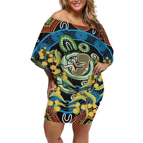 Baby in the Womb Off Shoulder Short Dress Aboriginal Art Style