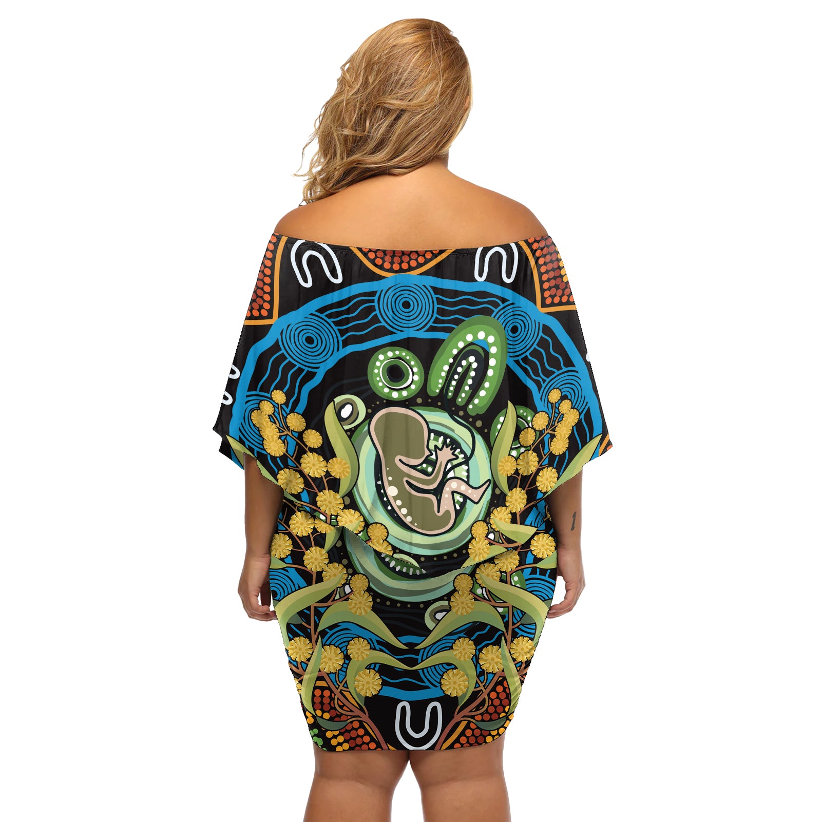 Baby in the Womb Off Shoulder Short Dress Aboriginal Art Style