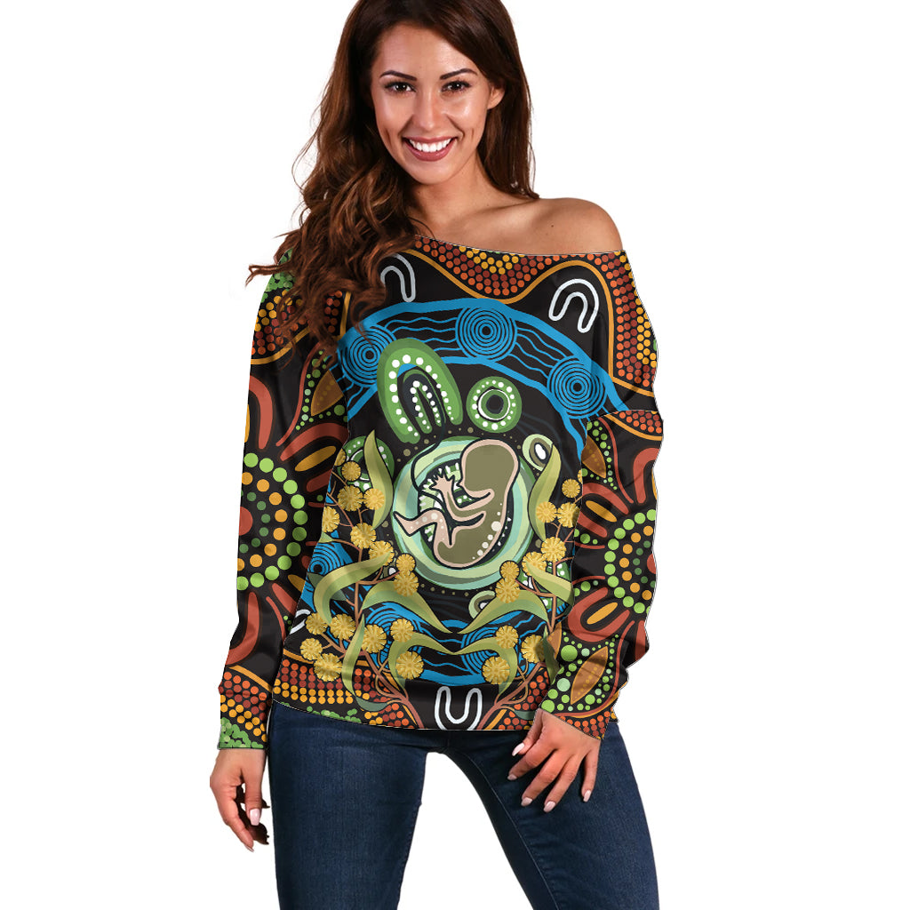 Baby in the Womb Off Shoulder Sweater Aboriginal Art Style