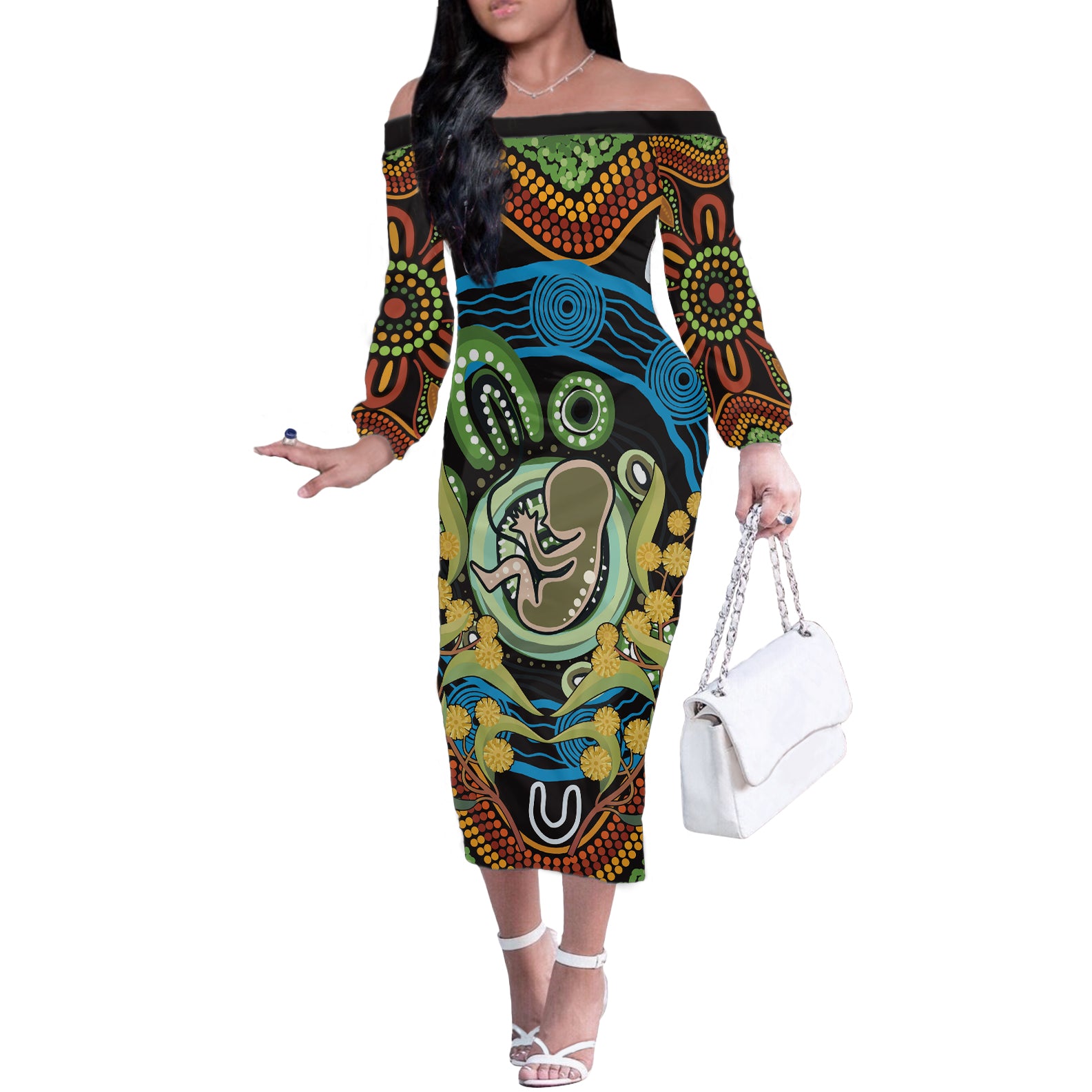 Baby in the Womb Off The Shoulder Long Sleeve Dress Aboriginal Art Style