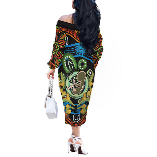 Baby in the Womb Off The Shoulder Long Sleeve Dress Aboriginal Art Style