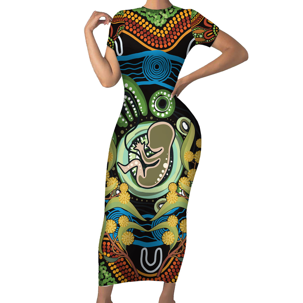 Baby in the Womb Short Sleeve Bodycon Dress Aboriginal Art Style