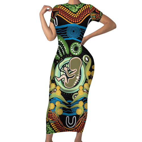 Baby in the Womb Short Sleeve Bodycon Dress Aboriginal Art Style