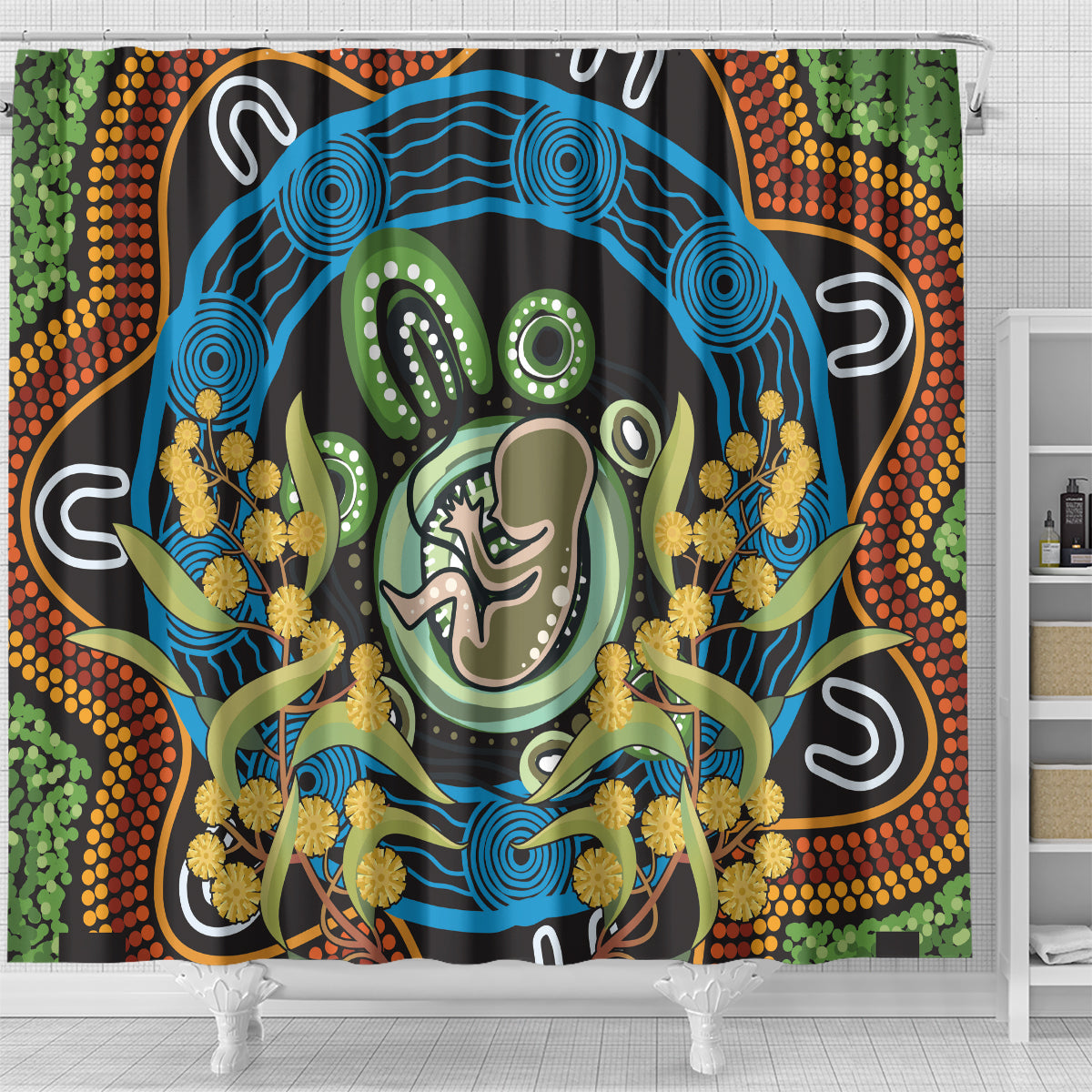 Baby in the Womb Shower Curtain Aboriginal Art Style