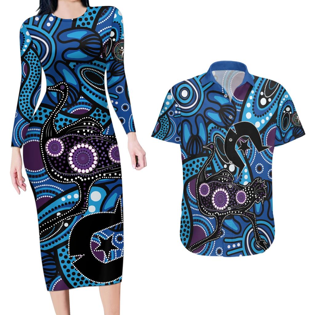 Emu NAIDOC 2024 Couples Matching Long Sleeve Bodycon Dress and Hawaiian Shirt Aboriginal Art Style