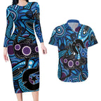 Emu NAIDOC 2024 Couples Matching Long Sleeve Bodycon Dress and Hawaiian Shirt Aboriginal Art Style