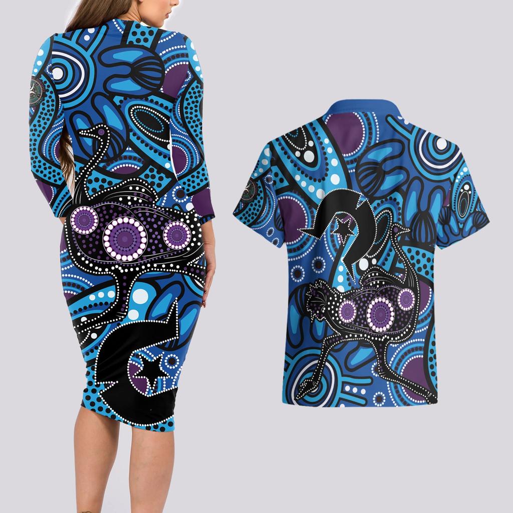 Emu NAIDOC 2024 Couples Matching Long Sleeve Bodycon Dress and Hawaiian Shirt Aboriginal Art Style