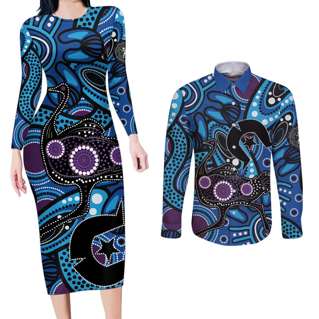 Emu NAIDOC 2024 Couples Matching Long Sleeve Bodycon Dress and Long Sleeve Button Shirt Aboriginal Art Style