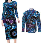 Emu NAIDOC 2024 Couples Matching Long Sleeve Bodycon Dress and Long Sleeve Button Shirt Aboriginal Art Style