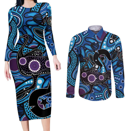 Emu NAIDOC 2024 Couples Matching Long Sleeve Bodycon Dress and Long Sleeve Button Shirt Aboriginal Art Style
