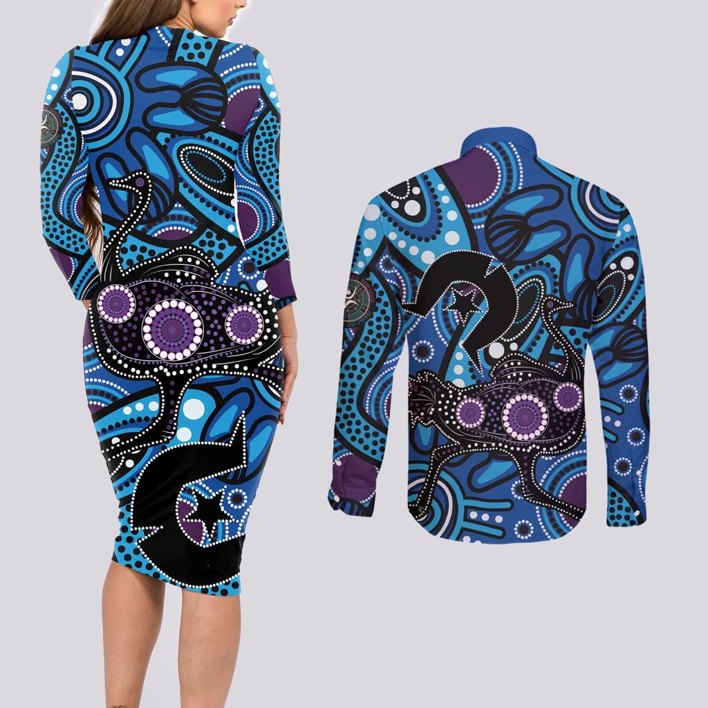 Emu NAIDOC 2024 Couples Matching Long Sleeve Bodycon Dress and Long Sleeve Button Shirt Aboriginal Art Style