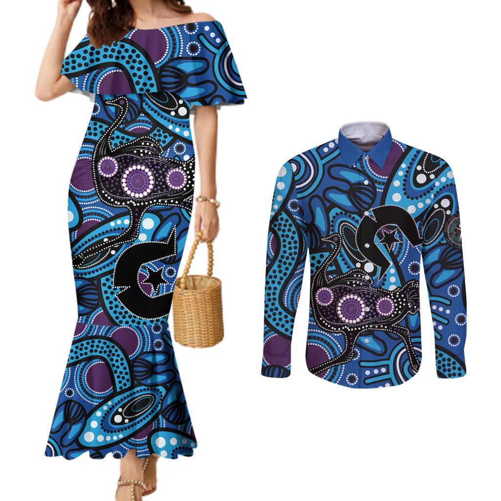Emu NAIDOC 2024 Couples Matching Mermaid Dress and Long Sleeve Button Shirt Aboriginal Art Style