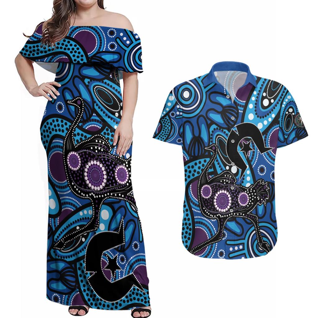 Emu NAIDOC 2024 Couples Matching Off Shoulder Maxi Dress and Hawaiian Shirt Aboriginal Art Style