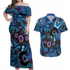 Emu NAIDOC 2024 Couples Matching Off Shoulder Maxi Dress and Hawaiian Shirt Aboriginal Art Style