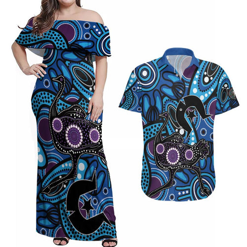 Emu NAIDOC 2024 Couples Matching Off Shoulder Maxi Dress and Hawaiian Shirt Aboriginal Art Style