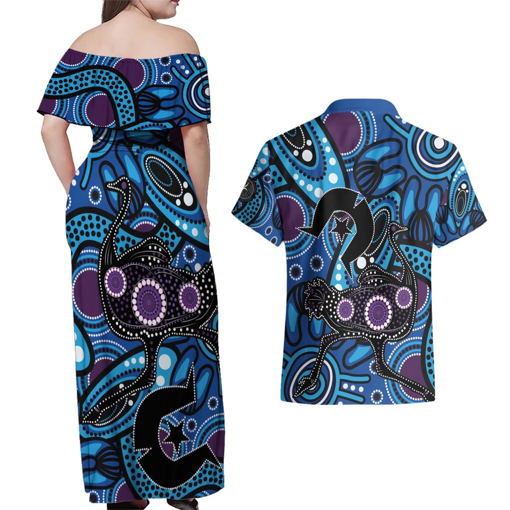 Emu NAIDOC 2024 Couples Matching Off Shoulder Maxi Dress and Hawaiian Shirt Aboriginal Art Style