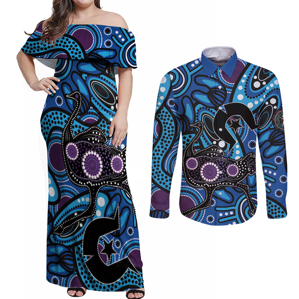 Emu NAIDOC 2024 Couples Matching Off Shoulder Maxi Dress and Long Sleeve Button Shirt Aboriginal Art Style